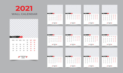  2021 Wall calendar design  Set of 12 Months, Week starts Monday
