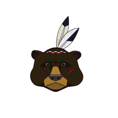 Head of Grizzly bear in traditional native American style with a band and feathers on white isolated background, vector illustration in Cartoon style, concept of American culture and Indians, Animals.