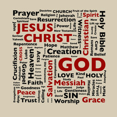 Christian Word Collage on brown background in cloud of faith in Jesus Christ and eternal salvation concepts.