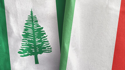Italy and Norfolk Island two flags textile cloth 3D rendering