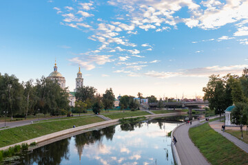 Russia, City of Orel, view of Assumption Cathedral of St. Michael the Archangel on the bank of Orlik river