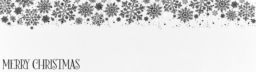 Merry Christmas background banner panorama template greeting card -Black ice crystals and snowflakes isolated on abstract white texture, with space for text