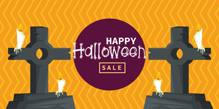 happy halloween celebration card with cemetery tombs and candles