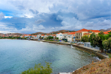 Fototapeta na wymiar The city of Myrina on the island of Lemnos under the cloudy sky