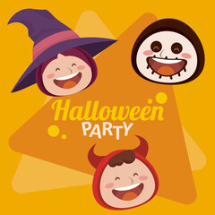 happy halloween party with witch and devil and skeleton heads