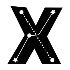 Celestial themed letter X. Constellation concept hand drawn letter. Vector illustration.
