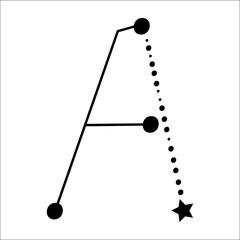 Constellation themed letter A. Dots and star line art. Vector illustration.