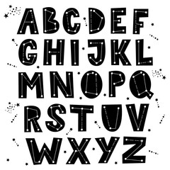 Celestial themed alphabet. Constellation concept letter set. Star ABC poster. Vector illustration.
