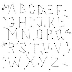 Constellation themed alphabet. Dots and star line art. Constellation concept ABC poster. Vector illustration. © Айгуль Елкундиева