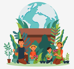 Happy family gardening. Eco friendly ecology concept. Nature conservation vector illustration

