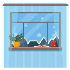 Cozy winter window. A cup of hot tea, open book and bouquet of branches and leaves on a windowsill. Vector illustration.