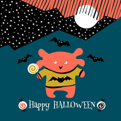 Vector Halloween poster design with halloween symbols, monsters and calligraphy. Funny halloween card.