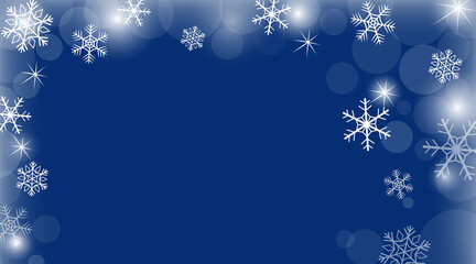 Vector winter banner with blue background and shining stars and snowflakes. Christmas and New Year backdrop for design.