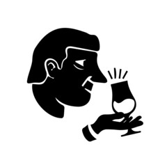 young man, sommelier tasting and looking at red wine in glass, flat cartoon style, vector illustration