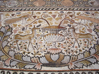 Animal patterned mosaics at the ruins of the Heraklea Lyncestis (Bitola) ancient city in teh Republic of North Macedonia.