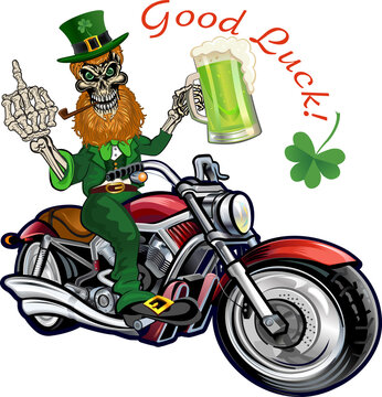 St. Patrick's Day, Leprechaun with mug of beer on motorbike.