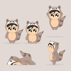 set of cute animal character of racoon costume 