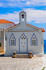 Orthodox Chapel of Saint Barbara in the old town of Chora on Andros, famous Cycladic island in the heart of the Aegean Sea