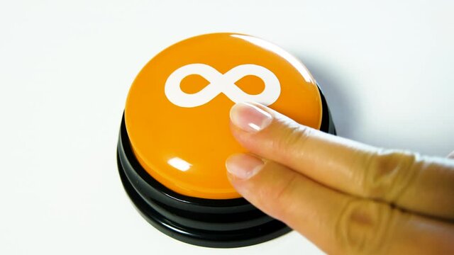 Woman pushing a glossy button with infinity symbol on white background. Mathematical symbol representing an infinitely large number. Concept of getting something for free forever. Lemniscate. No limit