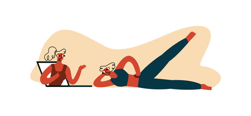 Vector illustration woman doing exercises. It is under guidance of online trainer. Concept of healthy lifestyle, Pilates, workout. It can be used in web design, banners, etc.