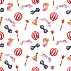 Watercolor seamless pattern with circus bears and festive attributes, balloons, banners, magic wands and popcorn