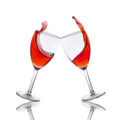 Toasting with wine glasses. Wine spilling out of glasses