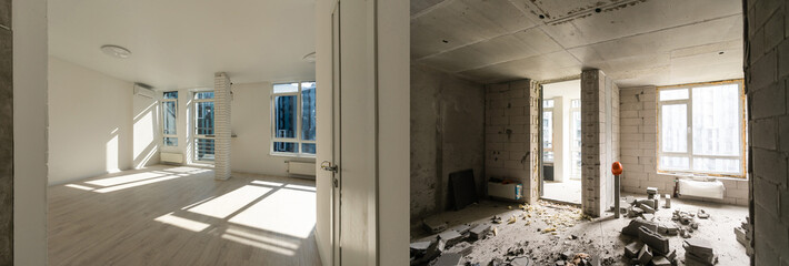 renovation concept -kitchen room before and after refurbishment or restoration