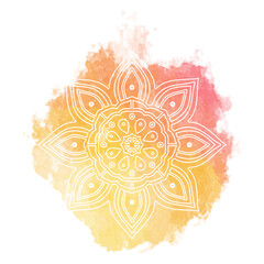 Round white mandala isolated on colorful background. Mandala on top of watercolor blotch. Beautiful pattern.