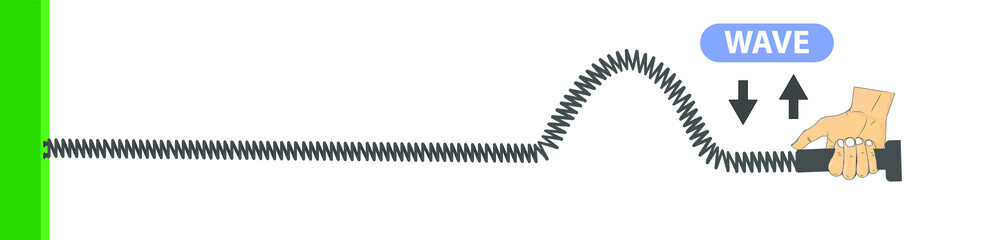 physics. spring stretched. transverse waves. longitudinal. The difference between throwing and periodic wave formation. longitudinal wave generation. periodically generated transverse waves. infograph
