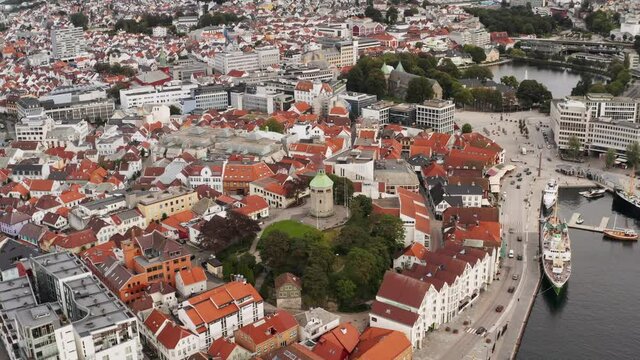 Stavanger Norway. Aerial View of Valberget Tower, Road by a Harbor and Buildings in Downtown, Drone Shot