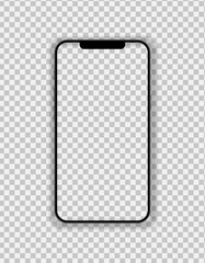 Phone with thin black frame and blank screen on transparent backgtound. Front view. Vector isolated illustration for presentation, ui ux design.