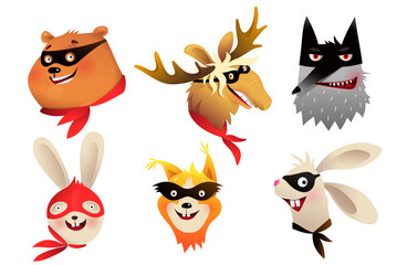 Superhero animals separate heads portraits wearing mask for kids costume party design. Vector brave characters illustration for children in watercolor style.