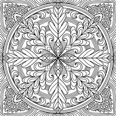 Hand drawn coloring mandala with abstract leaves and ornaments on a white background, vector, coloring book pages