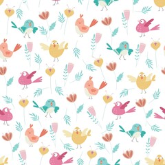 Seamless vector pattern with little cute birds and floral elements.