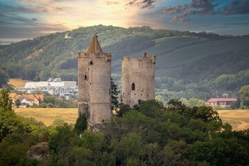 Panorama of the castle ruins Rudelsburg and Saaleck in the landscape and tourist area Saale valley on the river Saale near the world cultural heritage city of Naumburg, Saxony Anhalt, Germany