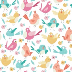 Seamless vector pattern with little cute birds and floral elements.