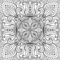 Square mandala with abstract hand drawn folk style ornaments for coloring, vector, coloring book pages