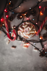 Flat lay for New Year, Christmas. Garland, candy canes, cocoa and cones, Christmas mood.
