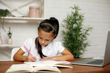 cute little child girl using computer for studying online e-learning system. online education...