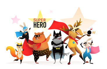 Superheroes animals performance group, funny kids party invitation or other fun event with super stars. Heroic silly vector characters cartoon illustration.