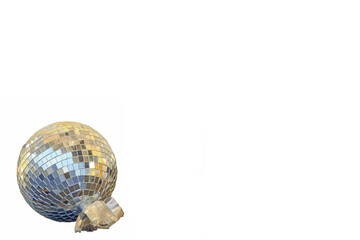 Mirror disco ball with white bow ribbon isolated on white background