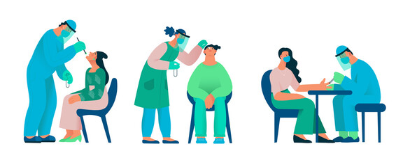 Group of Healthcare workers with protective equipment performs coronavirus swabs on Caucasian people. Nose swab probe, buccal swab probe and blood sampling from a finger. Coronavirus testing. Flat car