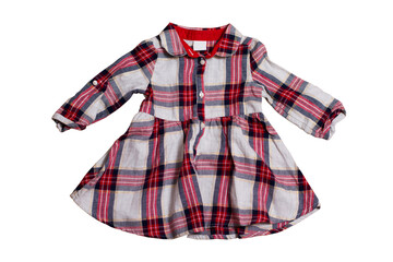 Children's checkered dress isolated on white background, clipping path of the child dress