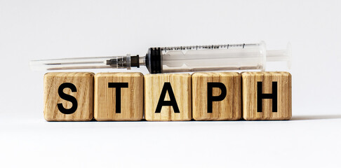 Text STAPH made from wooden cubes. White background