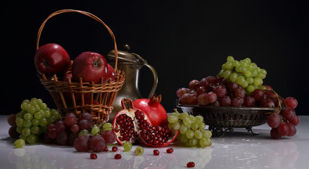 Panorama on the theme of the harvest with apples, pomegranates, grapes and an old jug