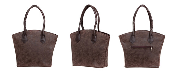 Three sides of modern nubuck, leather women bag, isolated.