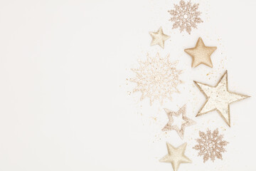 Christmas flatlay decor background on the white wooden table.