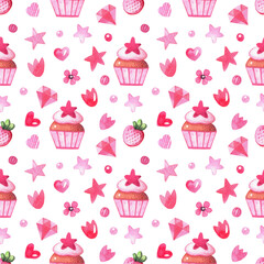 Watercolor desserts and berries seamless pattern. Background with sweets, leaves, cake, stawberry for girly