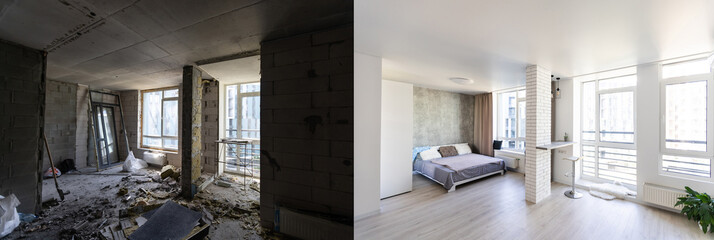 Room with unfinished walls and a room after repair. Before and after renovation in new housing.