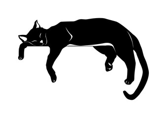 Obraz premium Cat napping. Black and white silhouette of a cat lying on a flat surface. Flat vector.